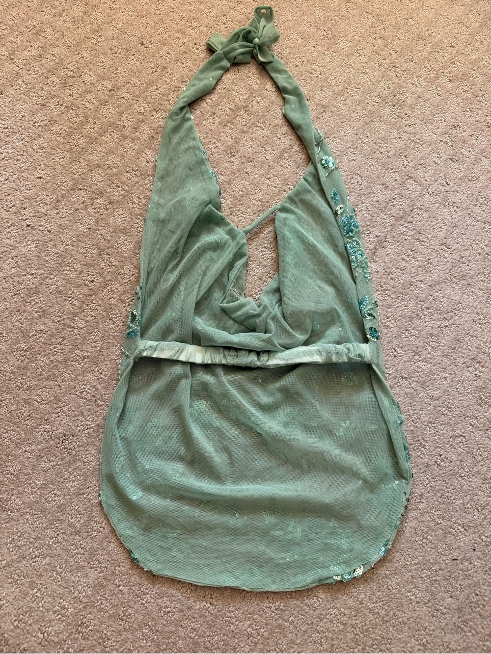 Green Beaded Halter Top with Plunging Neckline Backless Festival Fairycore Y2K - Picture 3 of 7